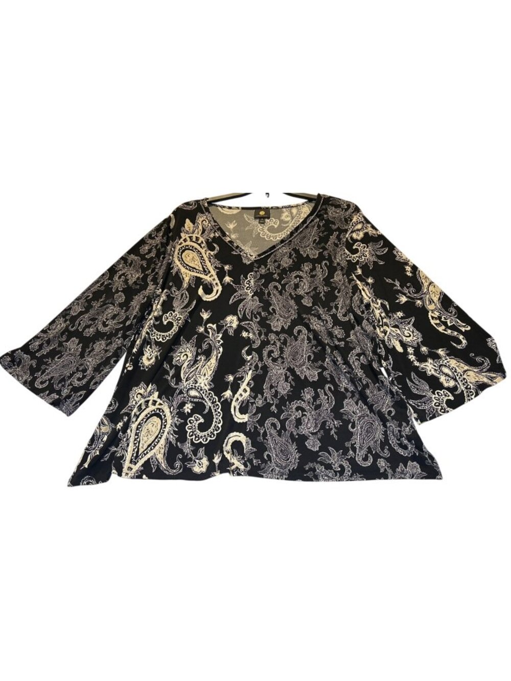 JM Collection Womens 3X Black & White Paisley Print Rhinestone Trim Top